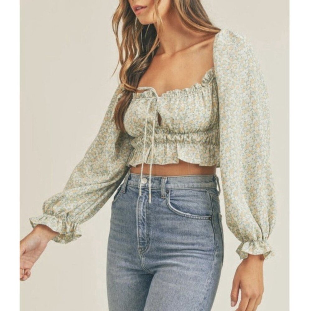 Mable Anthropologie Women FLORAL PUFF SLEEVE Crop Top Medium Size Stretch Green - Picture 2 of 11